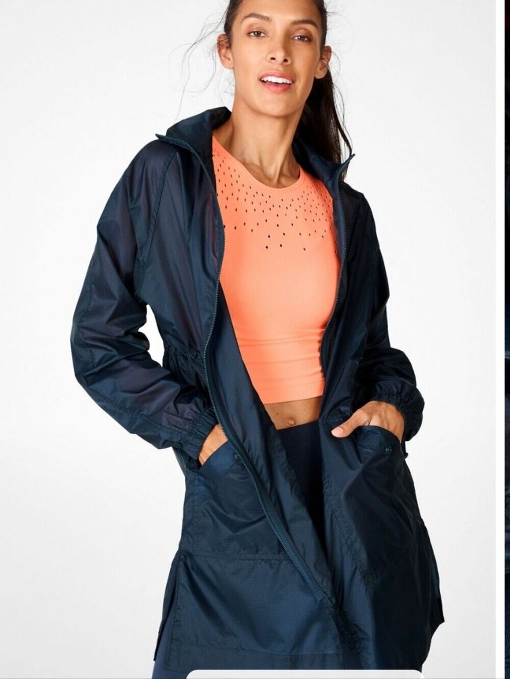 Fabletics Navy Blue Woven Hooded Jacket/Windbreaker Full Zip Size Large